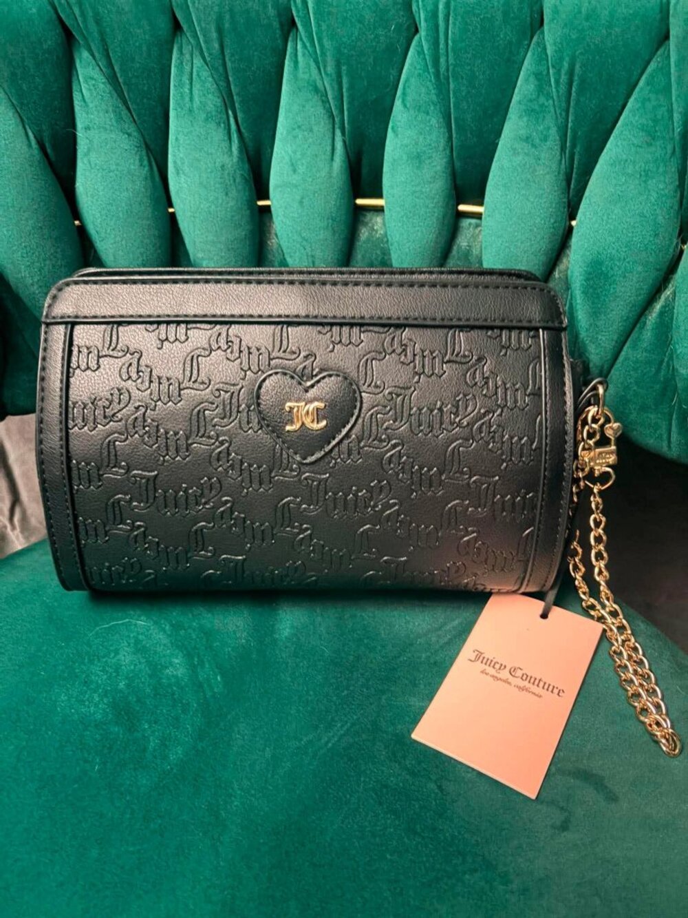 Juicy Couture Black Embossed Monogram Zip Around Wallet Clutch NWT